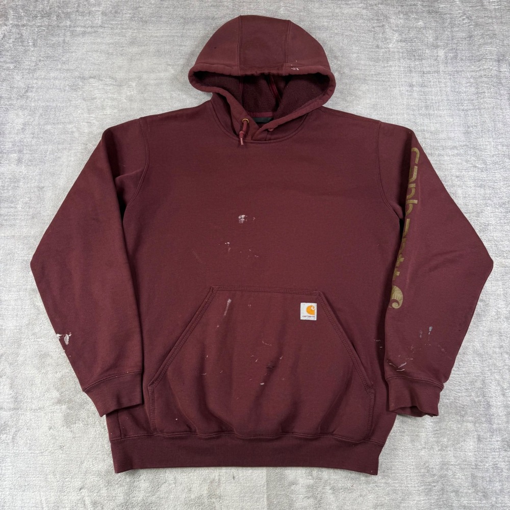 Carhartt Hoodie Mens Medium Burgundy Loose Fit Sleeve Graphic Distressed Work